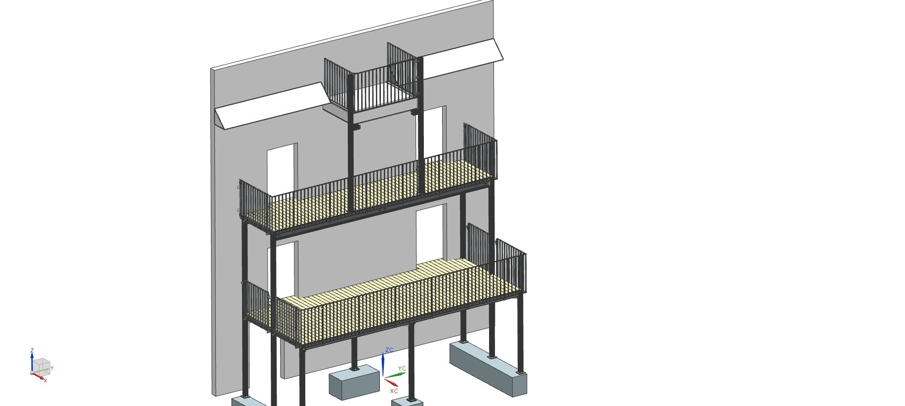 3D-Rendering eines kompletten Stahlbalkons mit Vordach