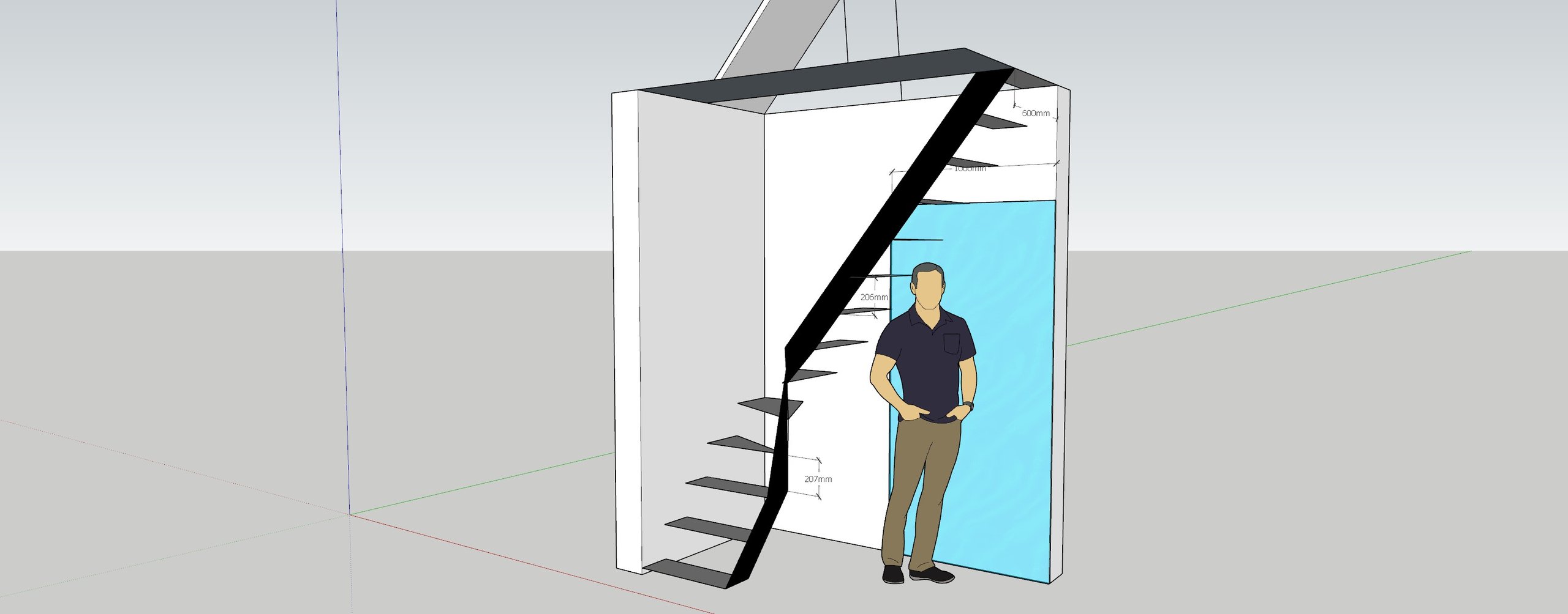 Bemaßtes 3D-Modell der Treppe mit Klappe