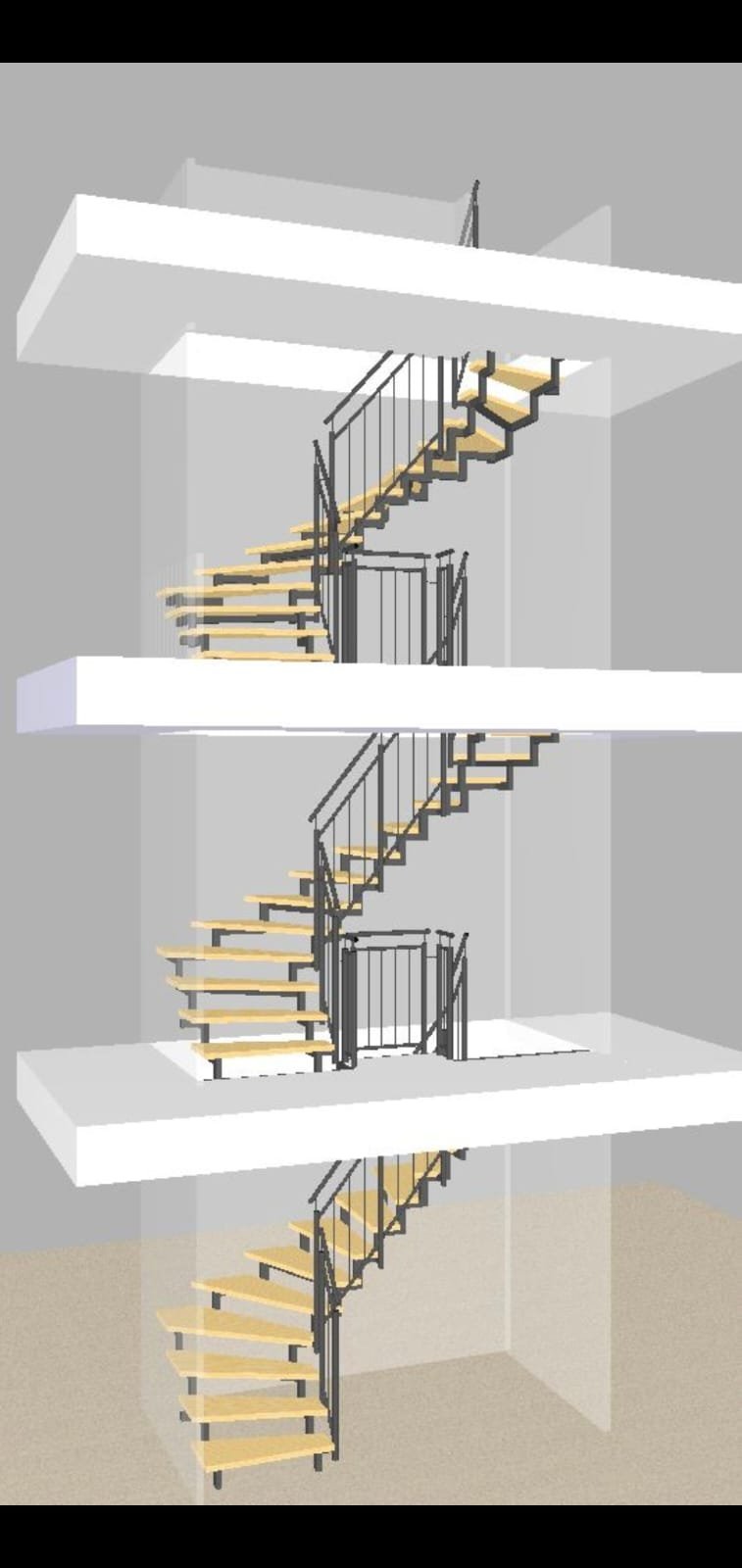 3D-Wireframe-Modell zweier gewendelter Treppen über mehrere Geschosse